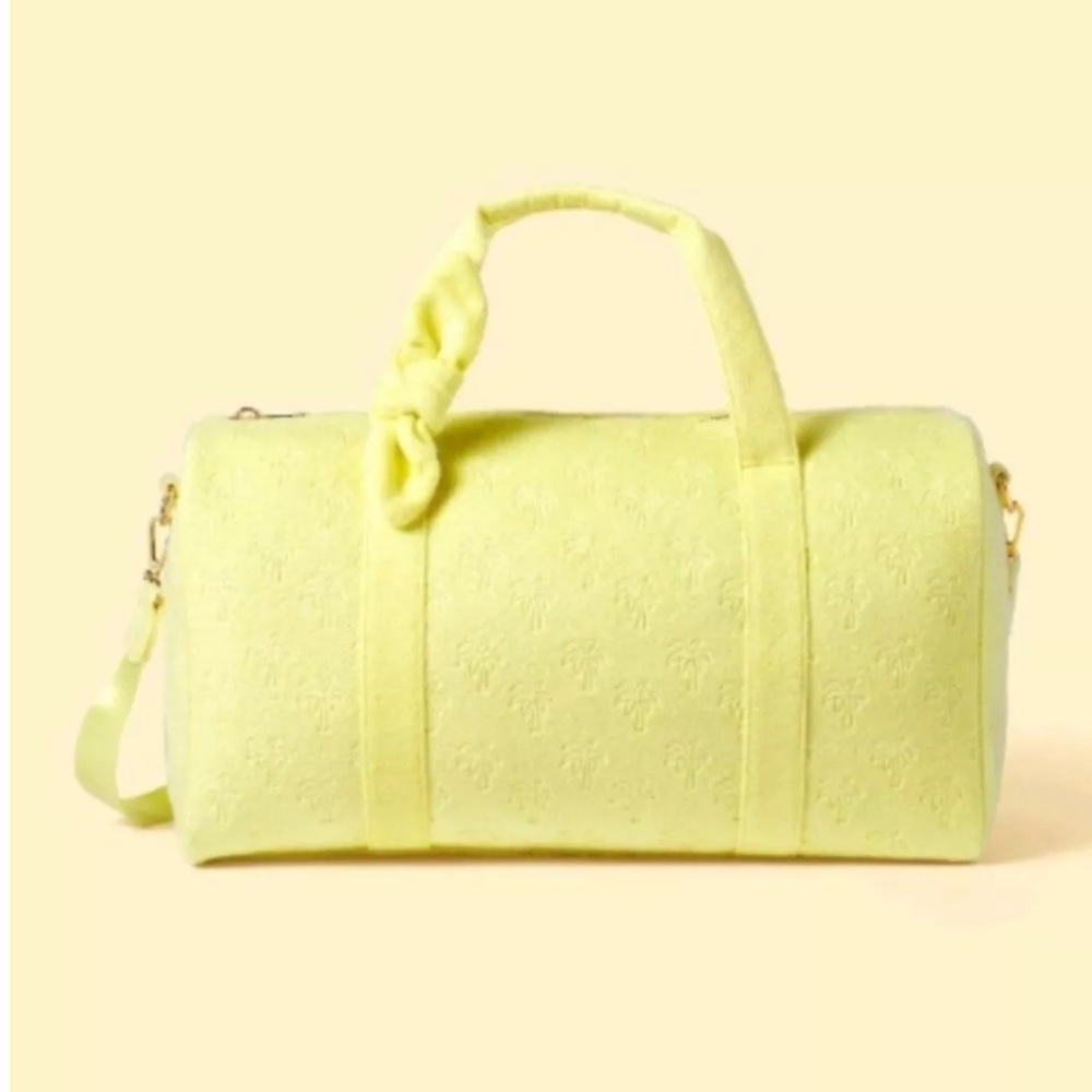 NWT STONEY CLOVER LANE yellow terry cloth palm tree embossed duffle bag